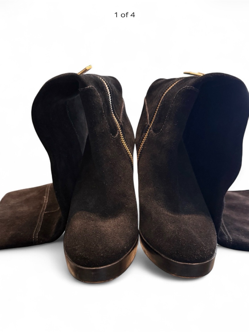Michael Kors Dark Brown Suede Platform Heel Boots with Gold Zips